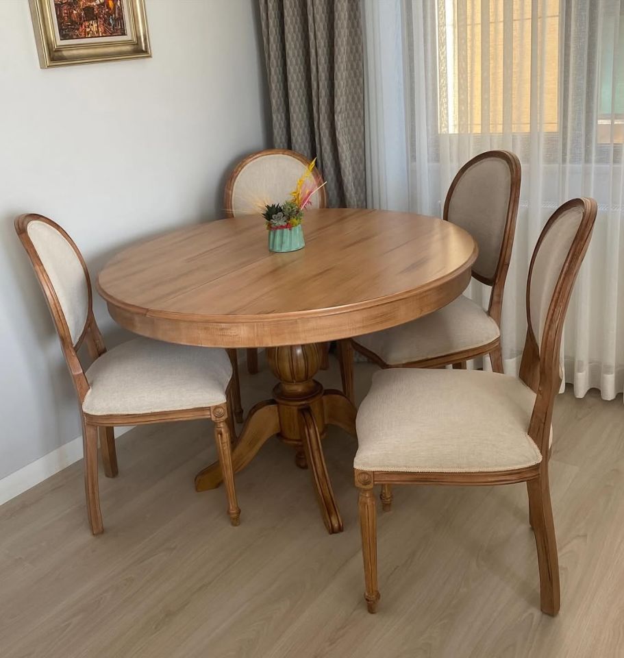 Roys Ahşap 122 Naturel  100 Cm Yuvarlak Sabit Baba Ayak Yemek Masası Takımı