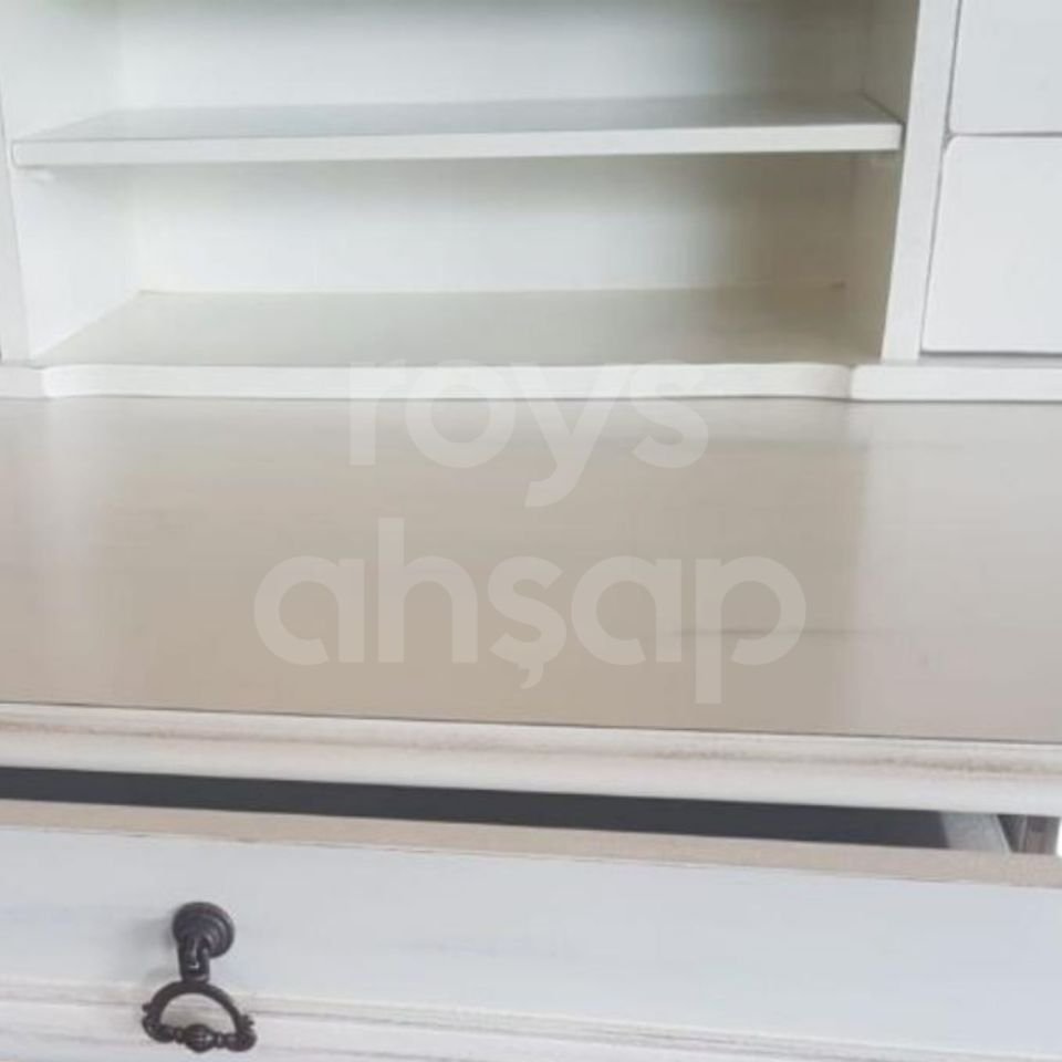 Roys Ahşap 5216 Beyaz Eskitme 110 Cm Çekmeceli Lükens Raflı Ofis Çalışma Masası