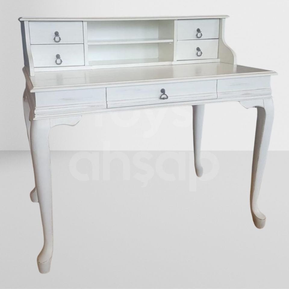 Roys Ahşap 5216 Beyaz Eskitme 110 Cm Çekmeceli Lükens Raflı Ofis Çalışma Masası