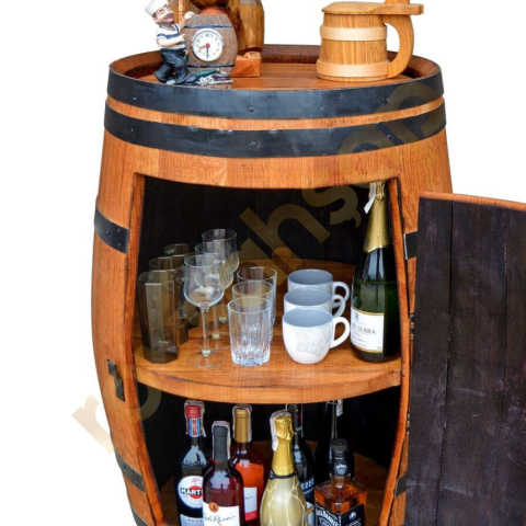 Roys Ahşap 90 Cm Meşe Şarap Fıçısı Tek Kapaklı Raflı Mini Bar