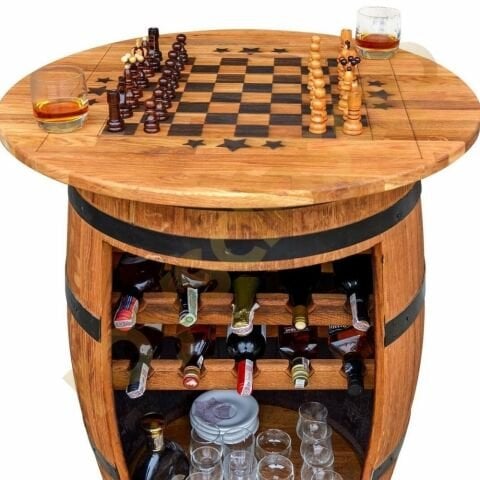 Roys Ahşap 80 Cm Meşe Şarap Fıçısı Satrançlı Raflı Şaraplık Bar Masası