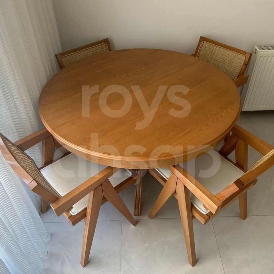 Roys Ahşap 100 Cm Koyu Naturel Yuvarlak Baba Ayak Yemek Masası Takımı