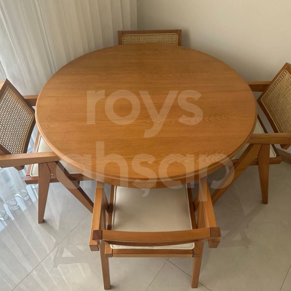 Roys Ahşap 100 Cm Koyu Naturel Yuvarlak Baba Ayak Yemek Masası Takımı