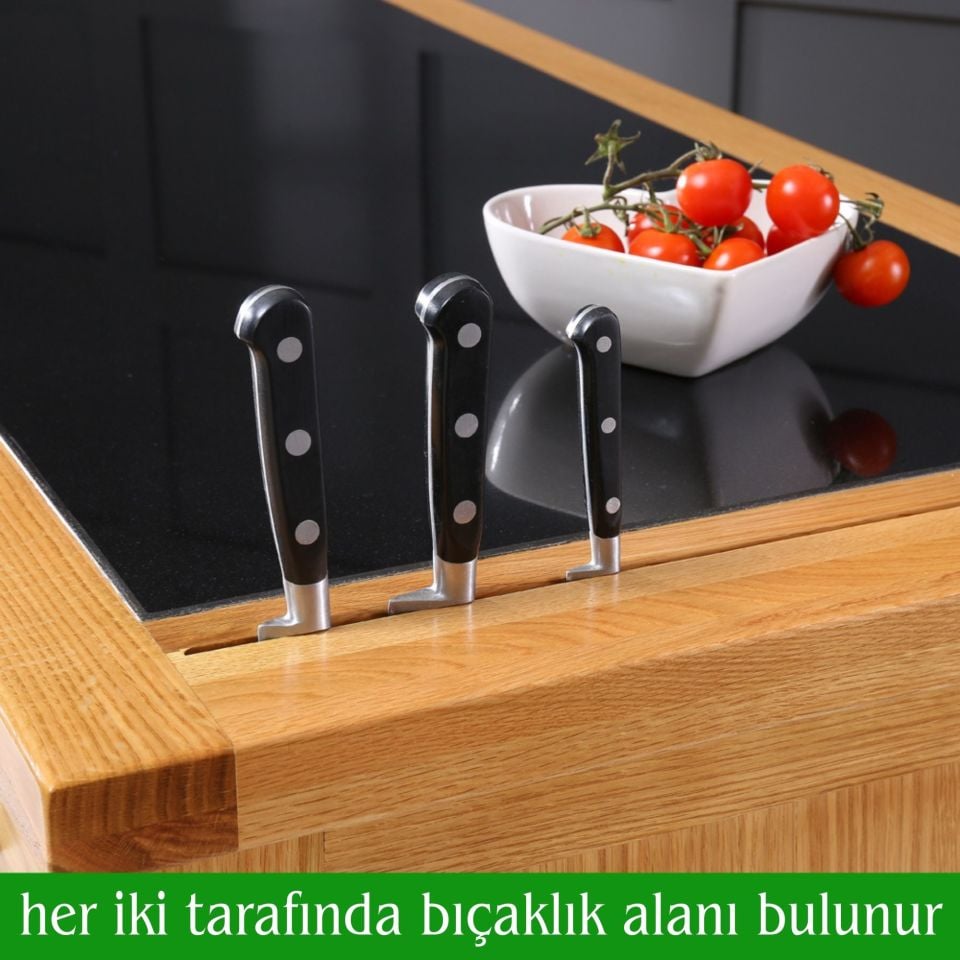 Roys Ahşap Naturel Meşe 140 Cm Çekmeceli Kapaklı Dolaplı Masif Mutfak Adası