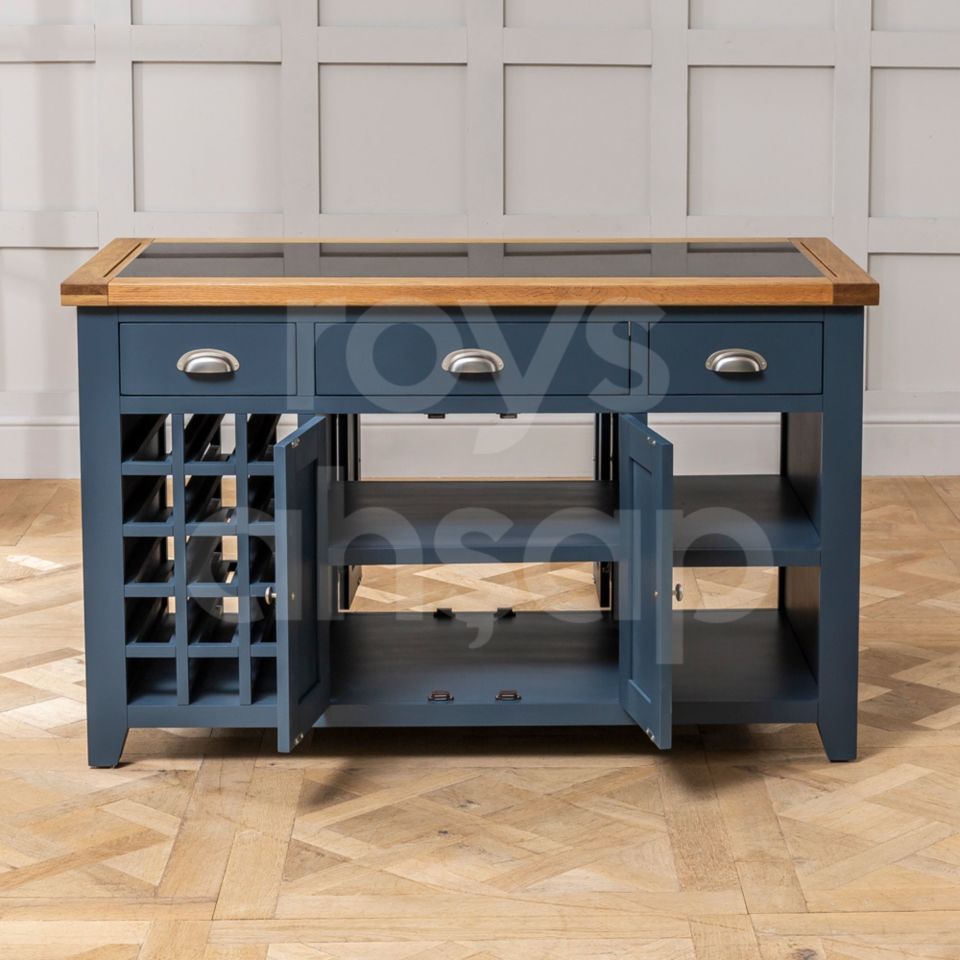 Roys Ahşap Pastel Blue 140 Cm Çekmeceli Kapaklı Dolaplı Masif Mutfak Adası