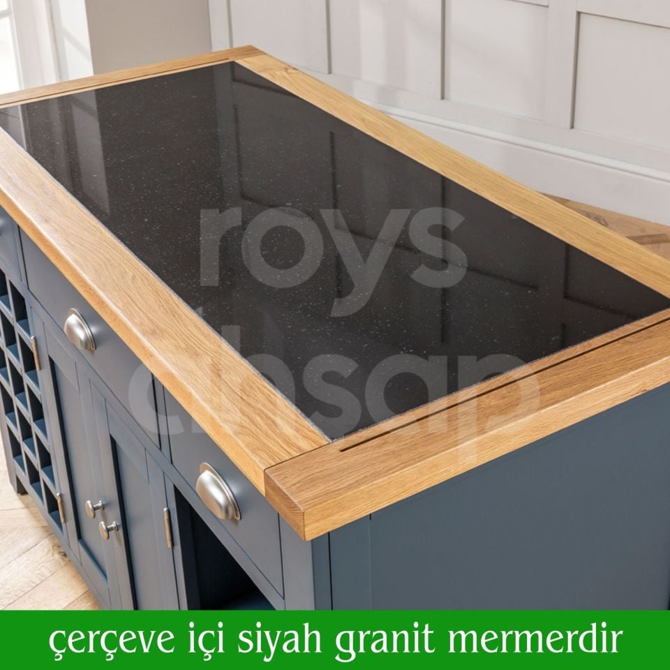 Roys Ahşap Pastel Blue 140 Cm Çekmeceli Kapaklı Dolaplı Masif Mutfak Adası