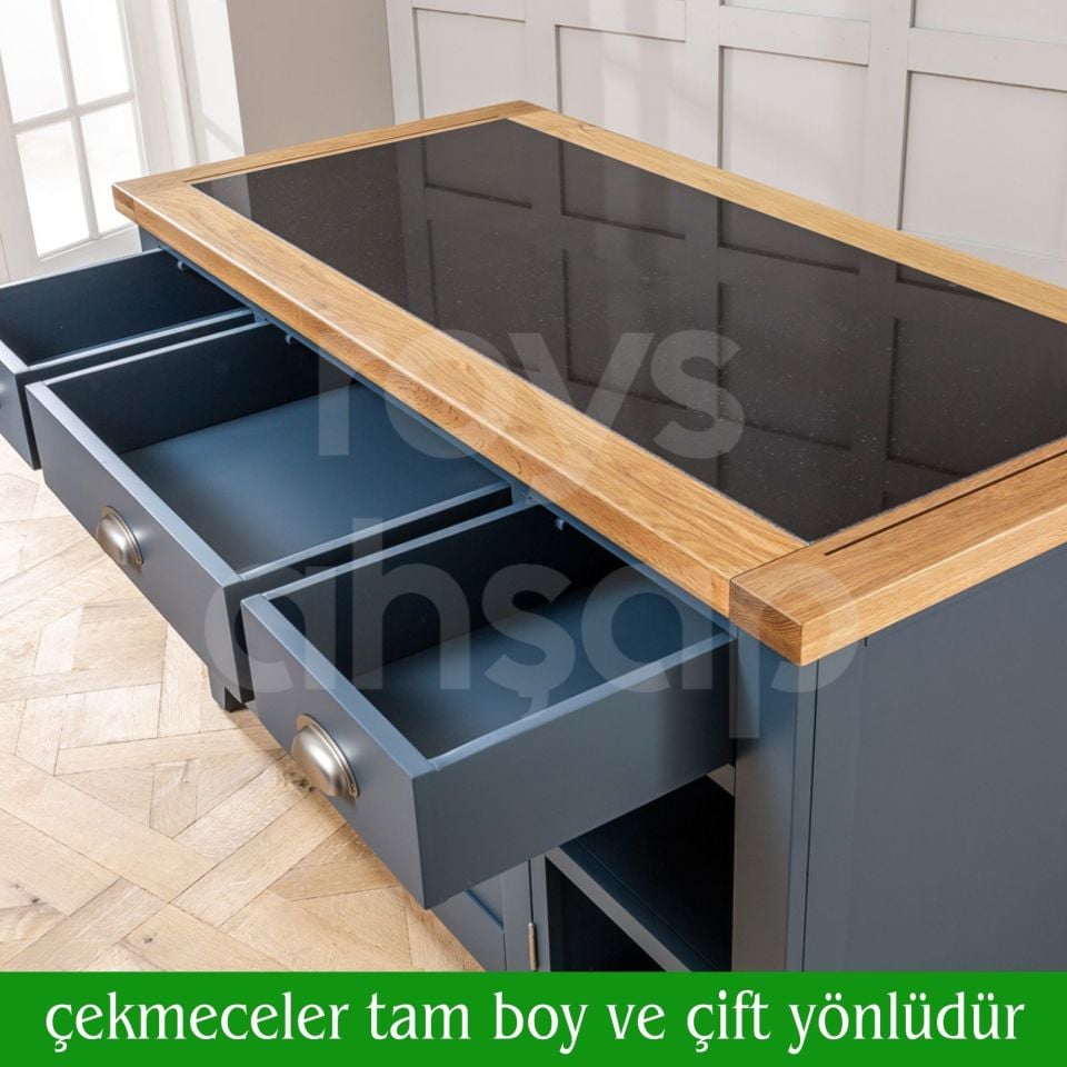 Roys Ahşap Pastel Blue 140 Cm Çekmeceli Kapaklı Dolaplı Masif Mutfak Adası