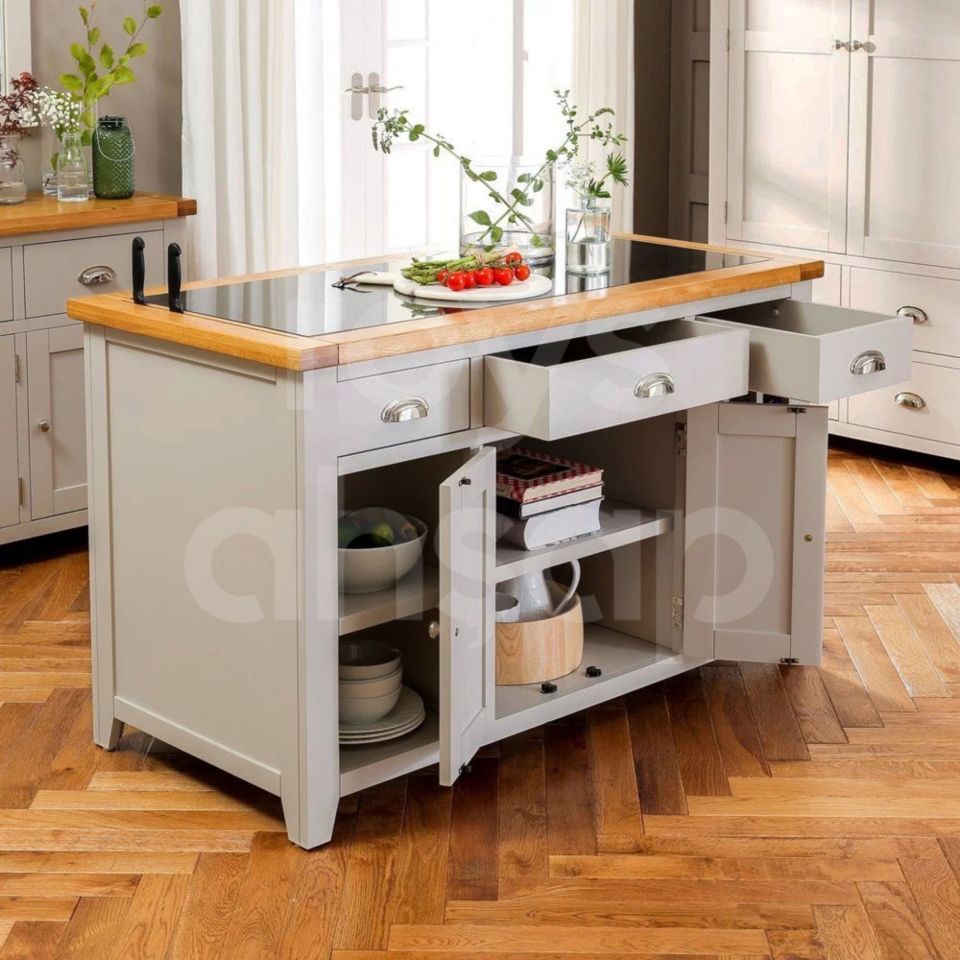 Roys Ahşap Pastel Grey 140 Cm Çekmeceli Kapaklı Dolaplı Masif Mutfak Adası