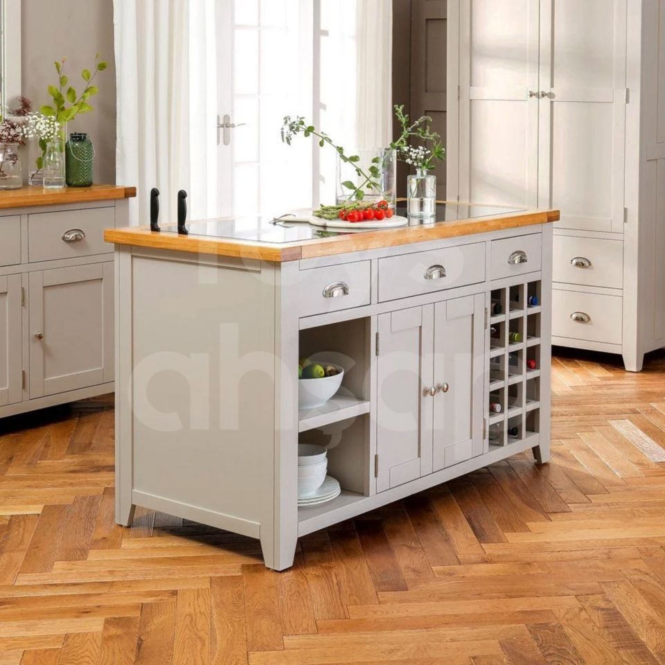 Roys Ahşap Pastel Grey 140 Cm Çekmeceli Kapaklı Dolaplı Masif Mutfak Adası