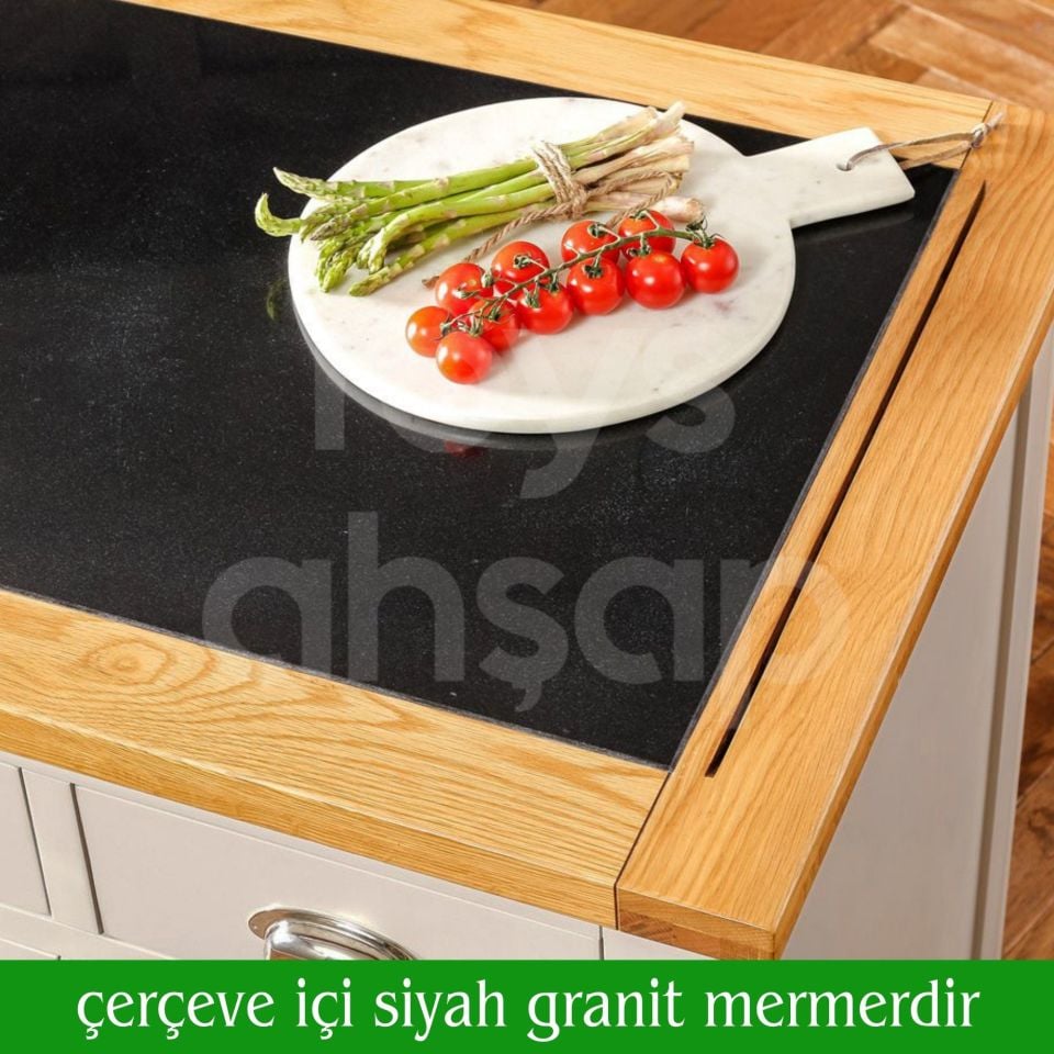 Roys Ahşap Pastel Grey 140 Cm Çekmeceli Kapaklı Dolaplı Masif Mutfak Adası