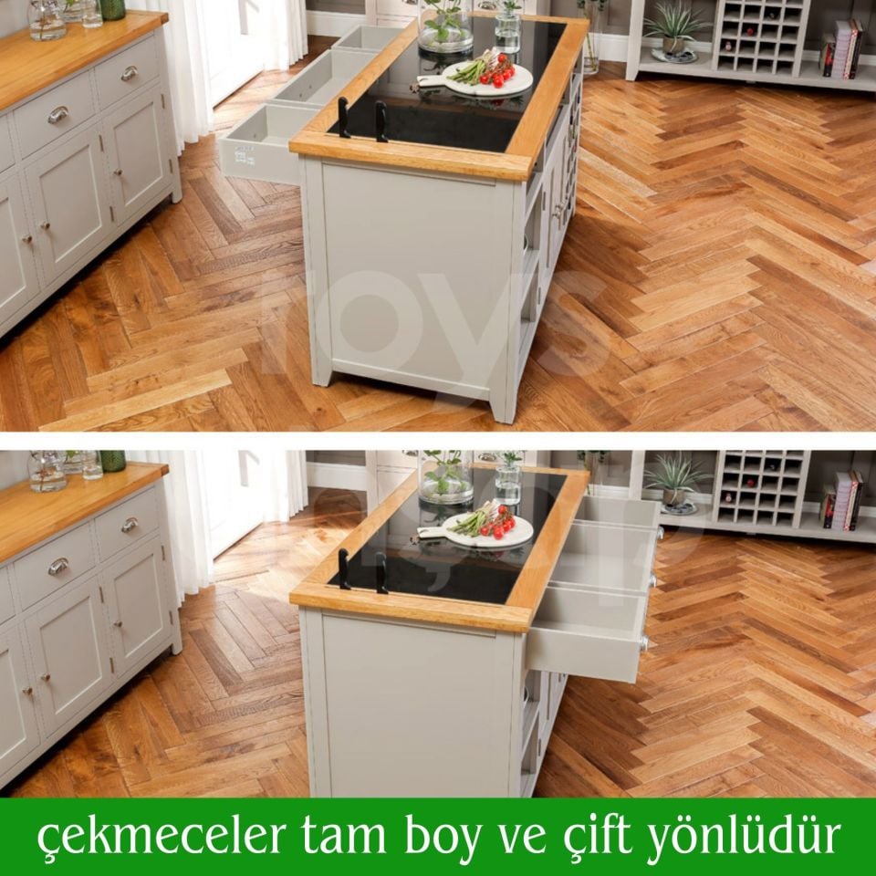 Roys Ahşap Pastel Grey 140 Cm Çekmeceli Kapaklı Dolaplı Masif Mutfak Adası