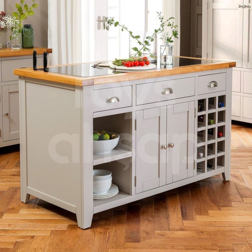 Roys Ahşap Pastel Grey 140 Cm Çekmeceli Kapaklı Dolaplı Masif Mutfak Adası