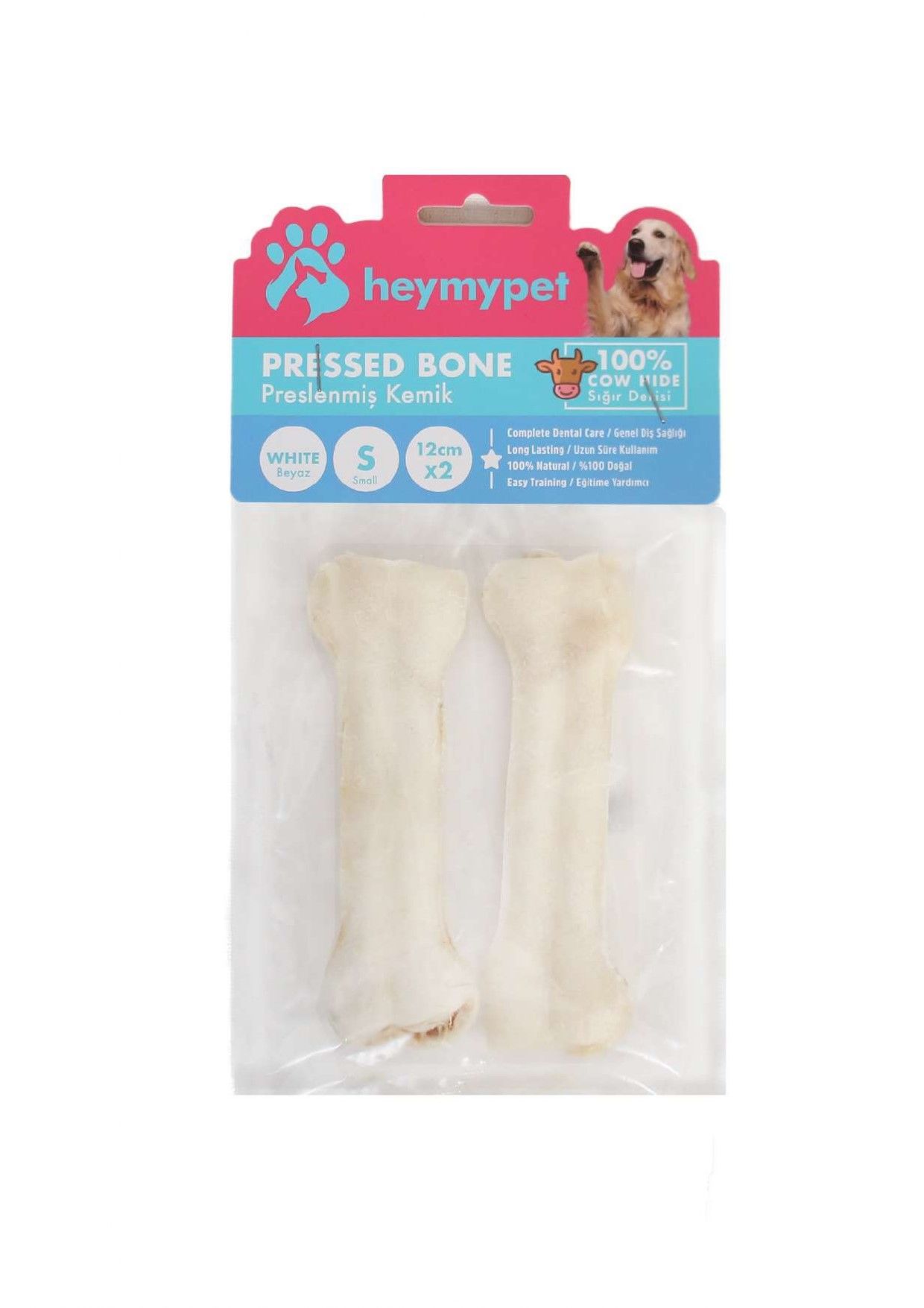 HEYMYPET DERİ PRES KEMİK 12 CM S BOY 2'Lİ PAKET BEYAZ