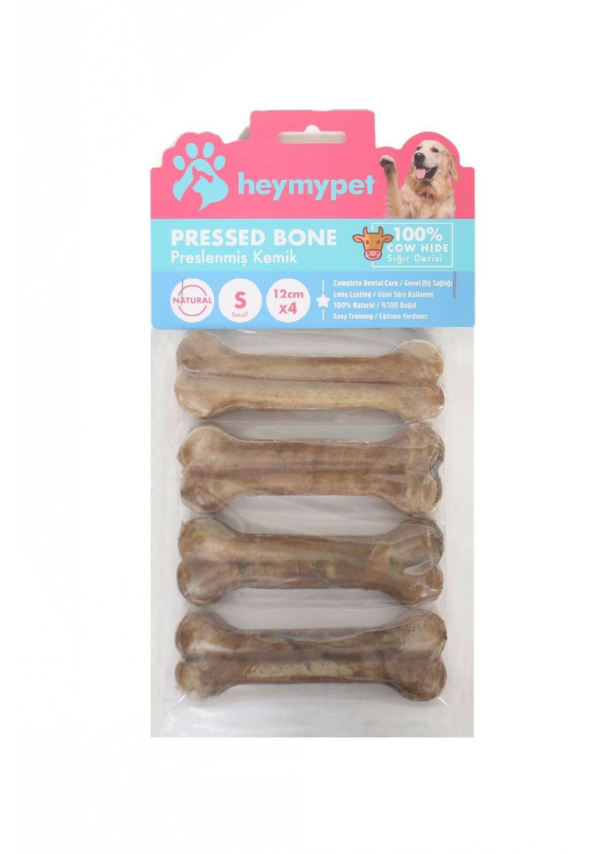 HEYMYPET DERİ PRES KEMİK 12 CM S BOY 4'LÜ PAKET NATURAL
