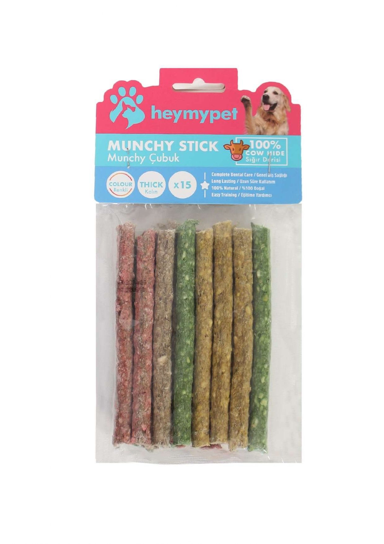 HEYMYPET DERİ MUNCHY ÇUBUK KALIN BOY 15'Lİ PAKET KARIŞIK RENK