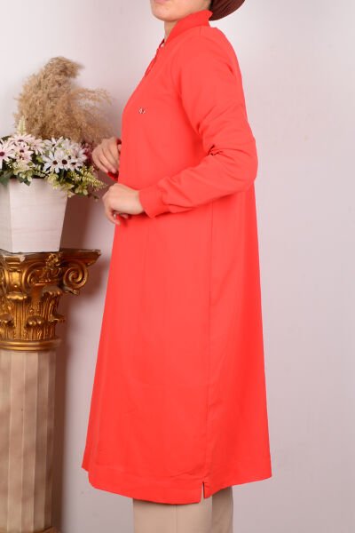 Armine 24YT436 Turuncu Kadın Ribanalı Yarı Fermuarlı Krep Kumaşlı Rahat Kesim %100 Polyester Tunik