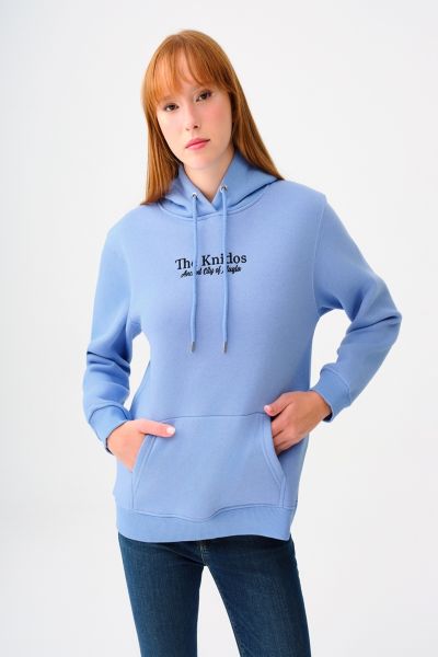 Loft 2038206 Mavi Kadın Kapişonlu Üç İplik Önü Yazı Baskılı Sweat