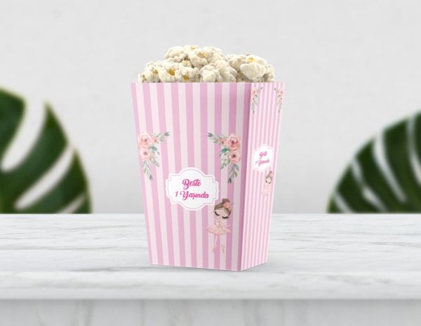 Balerin Temalı Pembe Şeritli Pop Corn Etiketi