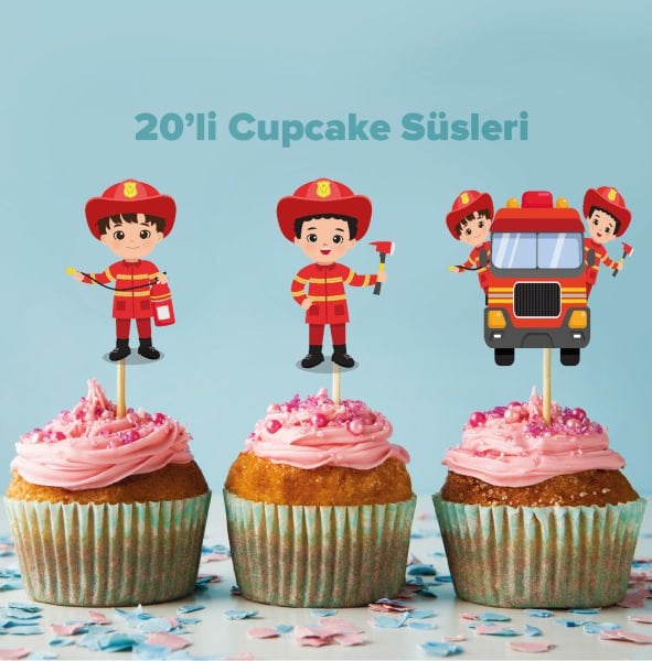 İtfaiye Konseptli Cupcake Süsü