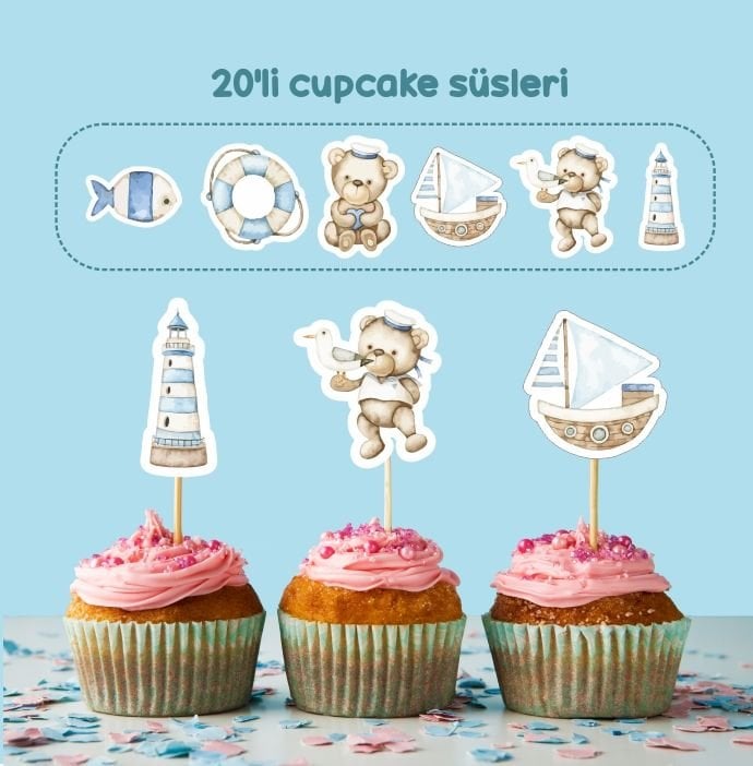 Denizci Ayıcık konseptli cupcake süsü