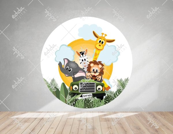 Arabalı Safari Hayvanları  Temalı Yuvarlak Afiş