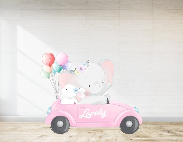 Pembe Araba Ve Fil Temalı Baby Shower  Ayaklı Pano