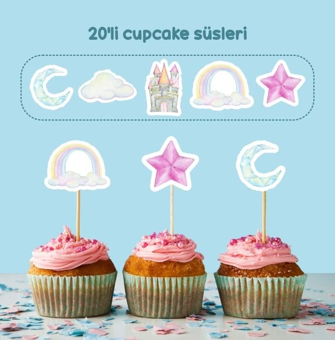 Gökkuşağı Konseptli Cupcake Süsü