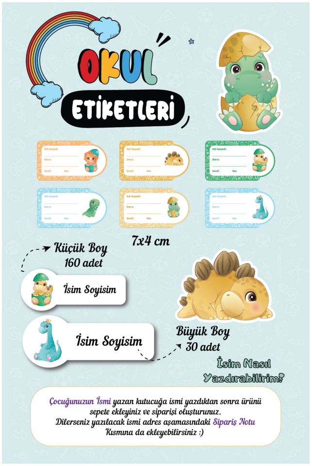 Dinozor Temalı Okul Etiketleri