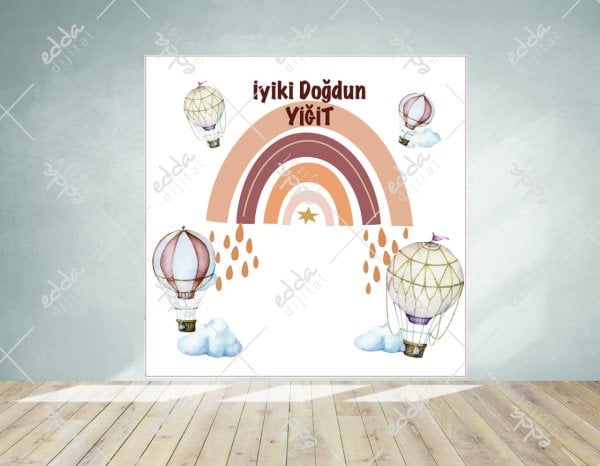 Gökkuşağı ve Balon Temalı Doğum Günü Afişi