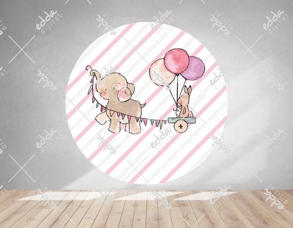 Pembe Balonlu Fil Temalı Baby Shower  Parti Afişi