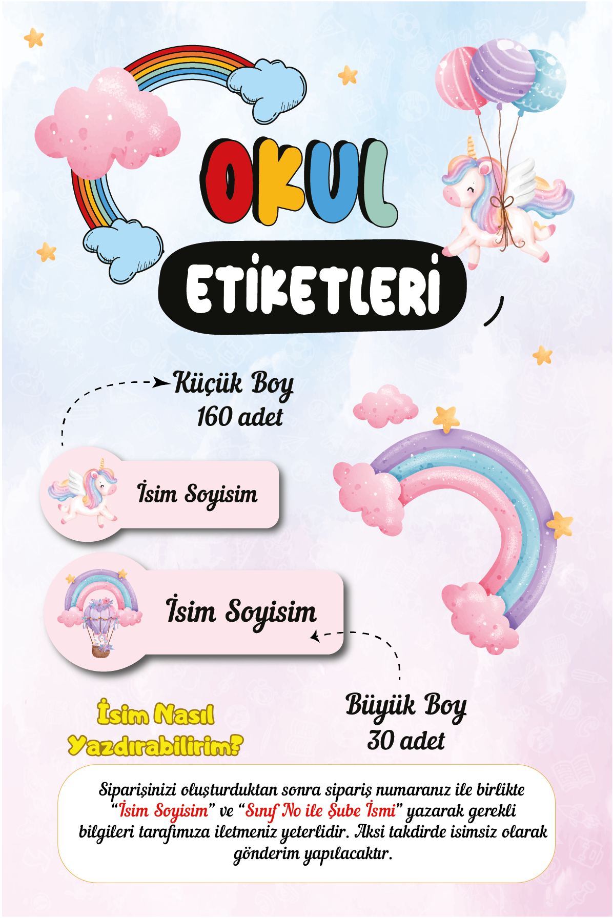 Unicorn Temalı Okul Etiketleri