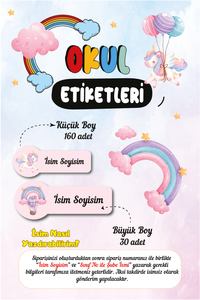 Unicorn Temalı Okul Etiketleri
