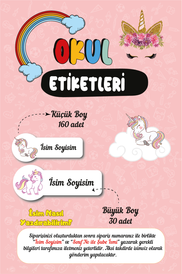 Unicorn Temalı Okul Etiketleri