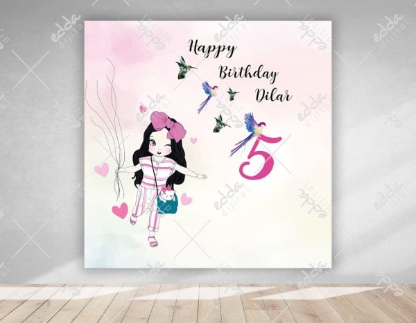 Kız Çocuk ve Kuş Temalı Doğum Günü Afişi