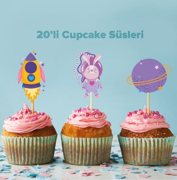 Pembe Uzay konseptli cupcake süsü