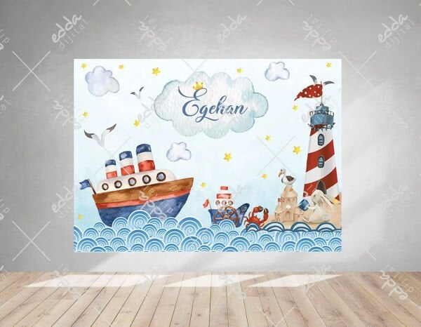 Deniz Feneri ve Martı Temalı Doğum Günü Afişi