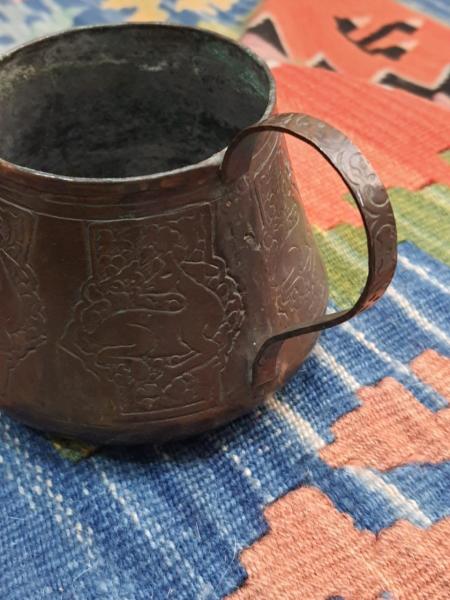 Eski Bakır Ağır İşlemeli Ayran Bardagi Aoa Ölçü 11Cm Çap 9Cm Yüksekliği