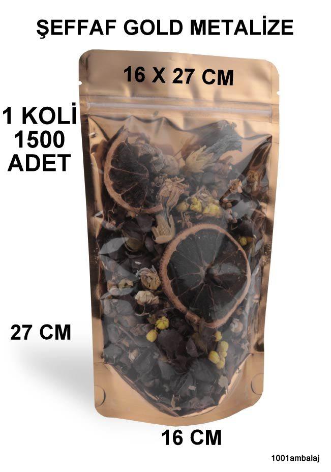 16X27 Cm Ön Şeffaf Arka Gold Metalize Renk (1 Koli 1500 Adet) Kilitli Doypack Torba 500 Gr /51/