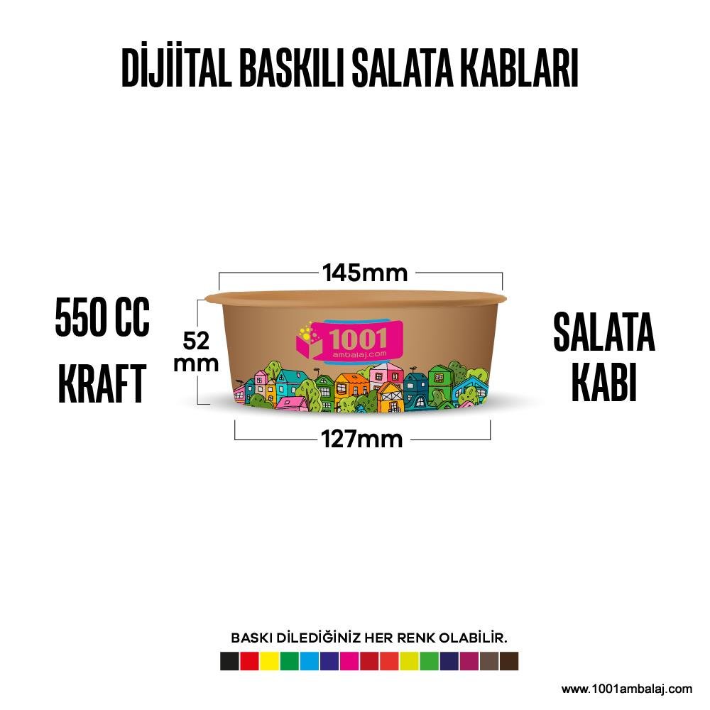 Dijital Baskılı 550 Cc Karton Salata kabı Kraft