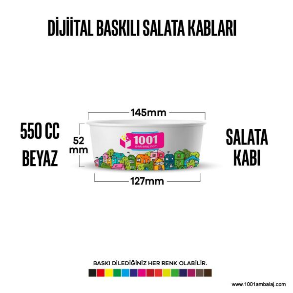 Dijital Baskılı 550 Cc Karton Salata kabı Beyaz