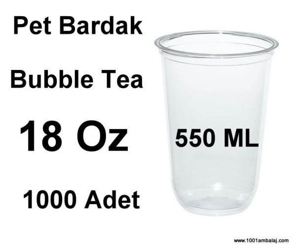 Pet Bardak 550 Ml 18 Oz 95 Çap Bubble Tea 1 Koli 1000 Adet Şeffaf 1001 Ambalaj