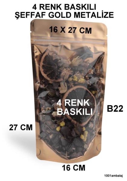 16X27 Cm 4 Baskılı Ön Şeffaf Arka Gold Metalize Renk İki Taraf İki Renk Doypack Torba 500 Gr /51/