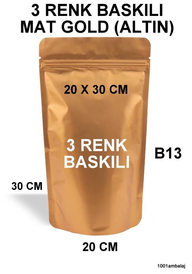 20X30 Cm 3 Baskılı Mat Gold ( Altın Renkli ) Tek Taraf Üç Renk Doypack Torba 1000 Gr /28/