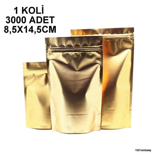 8,5X14,5 Cm Gold ( Altın ) 1 Koli 3000 Adet Kilitli Doypack Torba 50 Gr /20/