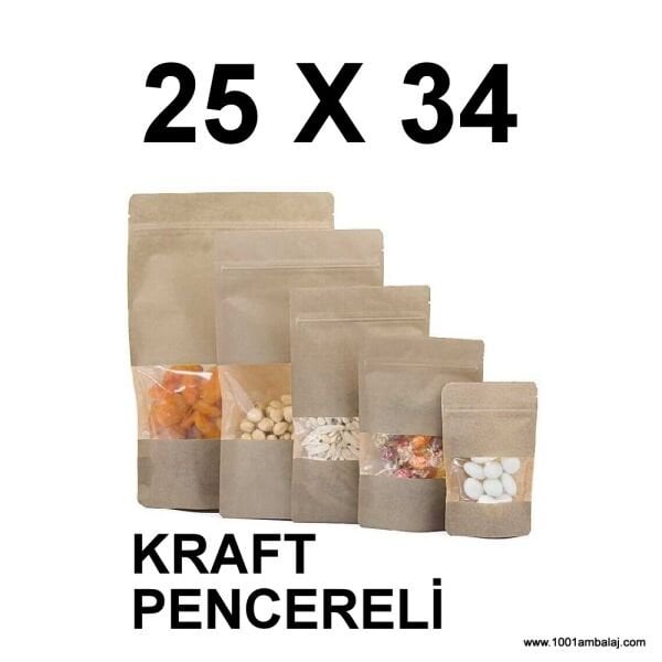 25X34 Cm Kraft Renk Doypack Torba Pencereli /43/