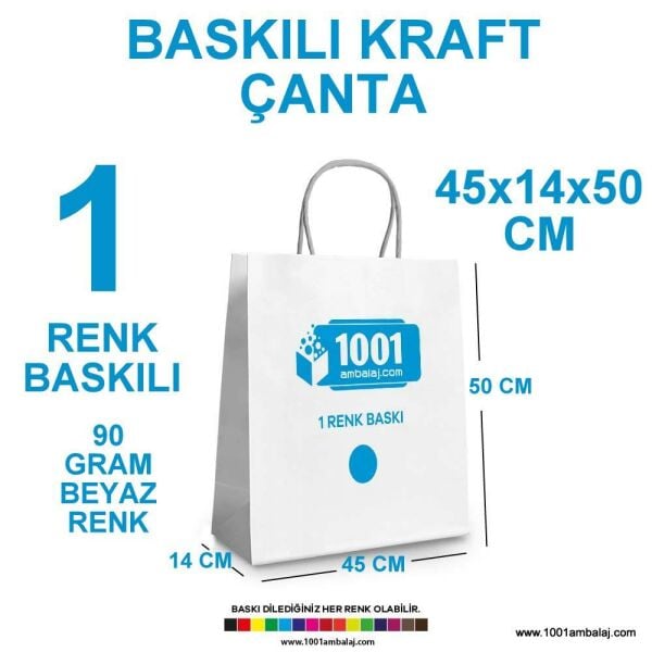 1 Renk Baskılı 45X14X50 Cm 90 Gr Kraft kağıt Çanta Beyaz Renk