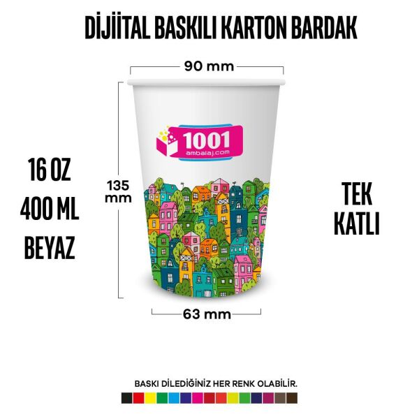 Dijital Baskılı 16 Oz Karton Bardak Tek Kat Duvarlı Beyaz Soğuk