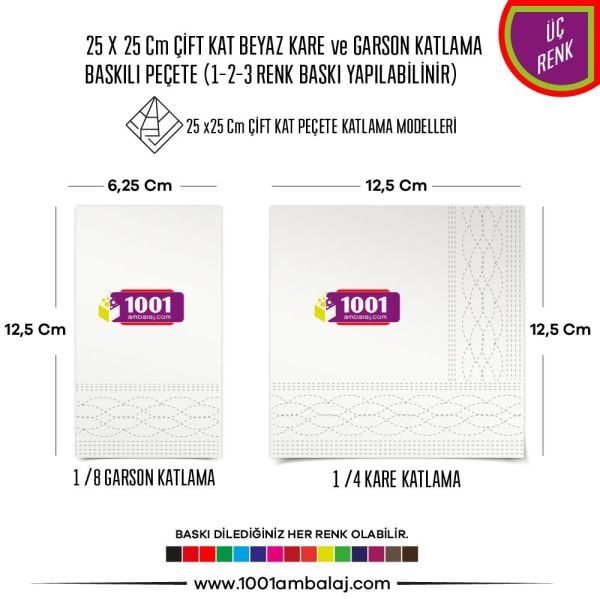 Baskılı Peçete 25X25 Cm 1-2-3 Renk Baskılı Çift Kat Beyaz Kare Ve Garson Katlama Peçete