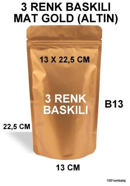 13X22,5 Cm 3 Baskılı Mat Gold ( Altın Renkli ) Tek Taraf Üç Renk Doypack Torba 250 Gr /26/