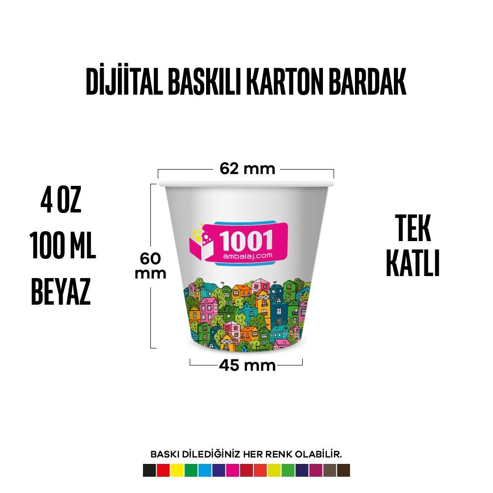 Dijital Baskılı 4 Oz Karton Bardak Tek Kat Duvarlı Beyaz Sicak Soğuk